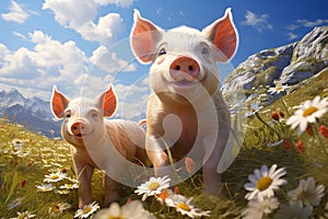 Pigs on the meadow in the mountains, funny pink piglet with flowers, animals on the farm