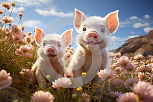 Pigs on the meadow in the mountains, funny pink piglet with flowers, animals on the farm