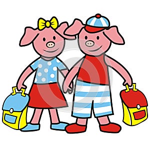 Pigs and schoolbag, cartoon, school animals, vector illustration