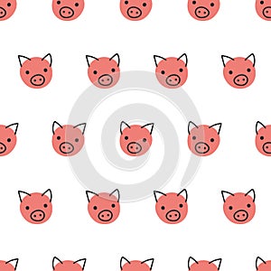 Pigs seamless vector background. Cute polka dot pig faces pattern coral pink on white. Geometric fun kids design. For fabric, kids