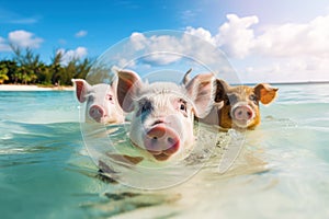 pigs swimming on the beach in Bahamas