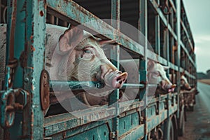 Pigs in truck transport from farm to slaughterhouse. Meat industry. Animal meat market photo