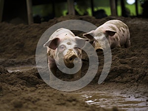 Pigs wallowing in mud at farm