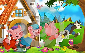 Pigs watching - bad wolf escaping with his back on fire