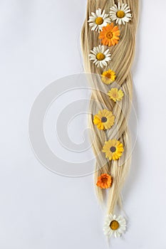 Pigtail with chamomile and calendula flowers. Blond hair.