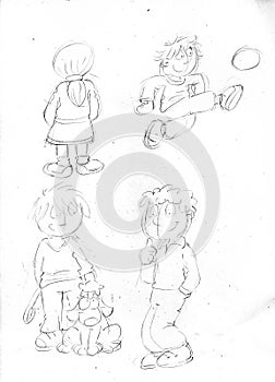 Pigtailed little girl with baby footballer and boy with dog,sketches and pencil sketches and doodles photo