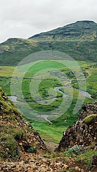 Pigvellir, view of the landscape icelandic where the two tectonic plates join, Pigvellir, Iceland