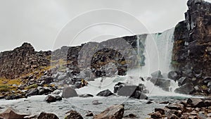 Pigvellir waterfall, view of the landscape icelandic where the two tectonic plates join, Pigvellir, Iceland