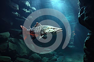 pike fish hiding in the shadows of underwater lake rocks