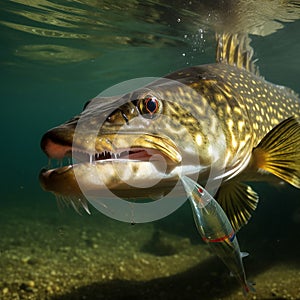 Pike is hunting, a predatory fish jumps out of the water for prey with its mouth open,