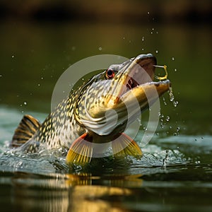 Pike is hunting, a predatory fish jumps out of the water for prey with its mouth open, close-up