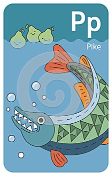Pike P letter. A-Z Alphabet collection with cute cartoon animals in 2D. Pike swimming in the water and looking at
