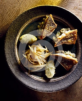 Pike-perch with chicory and mashed potatoes