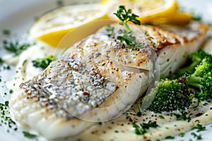 Pike Perch or Zander Fillet in Cream Sauce with Broccoli, Fried Sander Fish, Pike Meat with Lemon