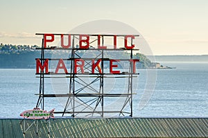 Pike Place Market Neon Sign at Sunset