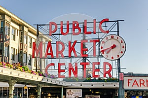 Pike Place Market Neon Sign at sunset