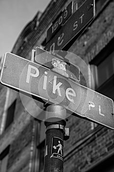 Pike Place and Pine Street Sign B/W