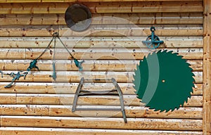 Pike's Waterfront lodges, lumberjack tools, Fairbanks, Alaska, USA