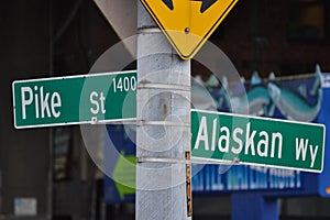 Pike St & Alaskan Wy on Seattle Waterfront, Seattle, Washington