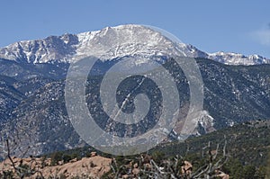 Pikes Peak over Garden of the Gods Park in Winter