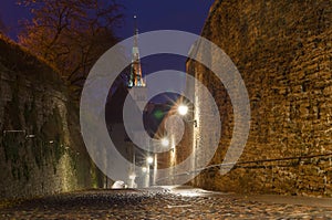 Pikk Jalg street illuminated by night, Tallinn, Estonia