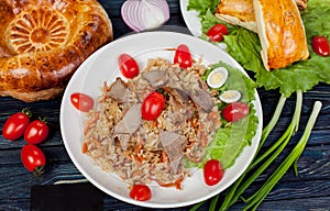 Pilaf. Meat dish of the peoples of Central and Central Asia, rice, meat and onions, suitable for the Nauryz or Navruz holidays, as