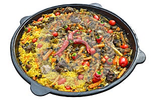 Pilaf with meat, spices, garlic and red pepper
