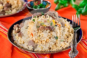 Pilaf style rice and lamb with carrots and garlic