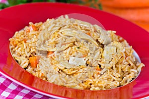 Pilaf,a rice meat with chicken and carrots