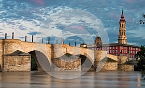 Pilar Cathedral and bridge in Zaragoza city Spain