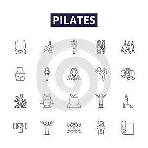 Pilates line vector icons and signs. Reformer, Mat, Contrology, Balance, Core, Body, Flexibility, Stretching outline photo