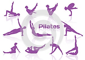 Pilates poses in violet silhouettes photo