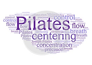 Pilates principles word cloud - horizontal purple variant