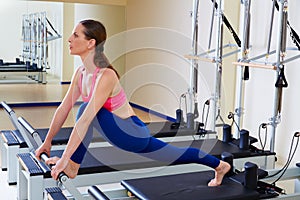 Pilates reformer woman front split exercise photo