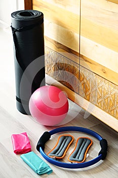 Pilates set with foot weighs stretch ball and mat at home