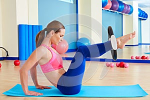 Pilates woman hip twist magic ring exercise