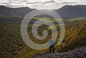 Pilatos Balcony. Hiker in the Balcon de Pilatos on the river urederra, Natural Park of Urbasa and Andia, Navarra photo