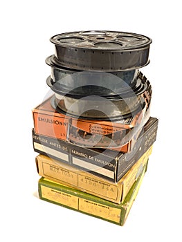 Pile of 16mm films and its boxes