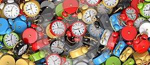 Pile of alarm clocks on multicolor background. 3d render of wake up time
