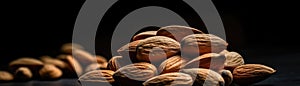 Pile Of Almonds On A Black Background. Generative AI