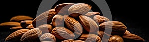 Pile Of Almonds On A Black Background. Generative AI