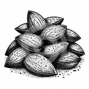 Pile of Almonds Black and White Illustration