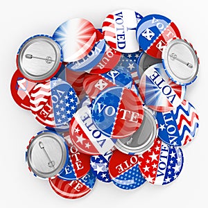 Pile of American red, white, and blue Vote pin. Collection of voting buttons for US presidential election or local elections. 3d