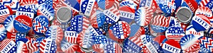 Pile of American red, white, and blue Vote pins. Collection of voting buttons for US presidential election or local elections. 3d