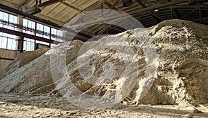 Pile of ammonium sulfate powder inside a warehouse of chemical plant. Mineral organic fertilizers for agriculture