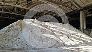 Pile of ammonium sulfate powder inside a warehouse of chemical plant. Mineral organic fertilizers for agriculture