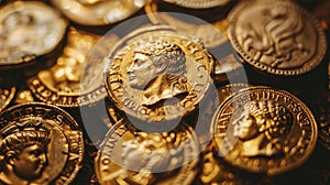 Pile of Ancient gold coins for background, lot of old Greek Roman money. Concept of Greece, wealth, antique, vintage collection,