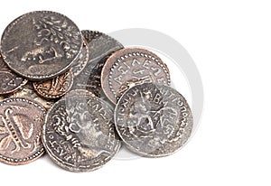 Pile of Ancient Roman Coin Replicas  Isolated on a White Background