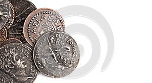Pile of Ancient Roman Coin Replicas  Isolated on a White Background