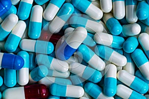 Pile of antibiotic capsule pills. Antibiotics drug resistance. Drug use with reasonable. Global healthcare concept. Antimicrobial